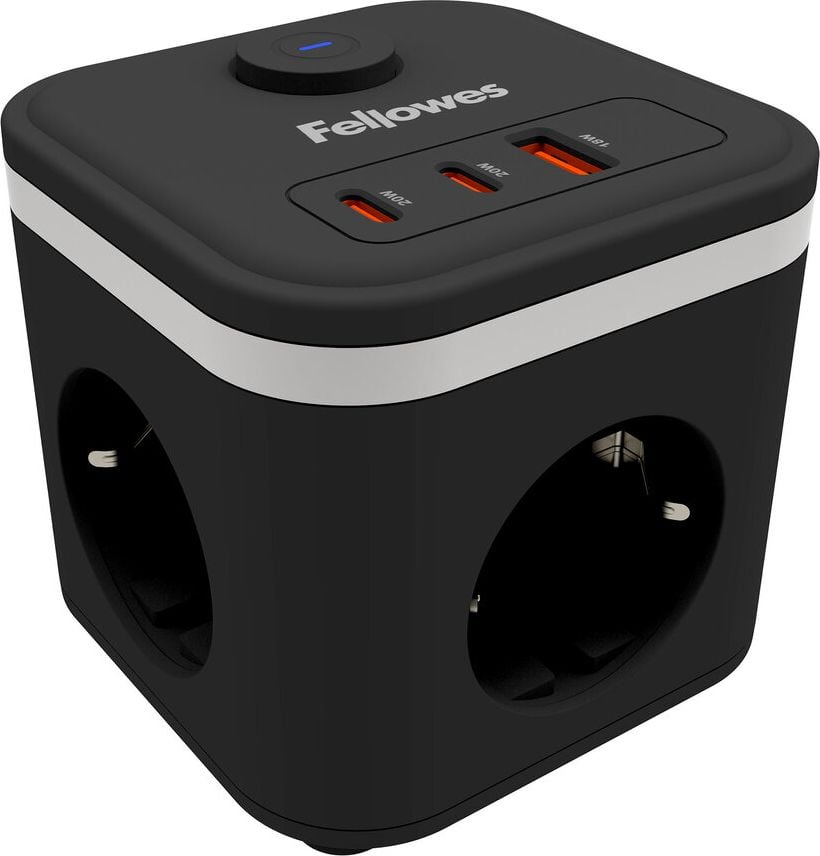 Steckdosenwürfel Fellowes Power Cube Type F, 3x Steckdosen, 1x USB-A, 2x USB-C, Kabellänge
2m, Ein-/Ausschalter, weiß