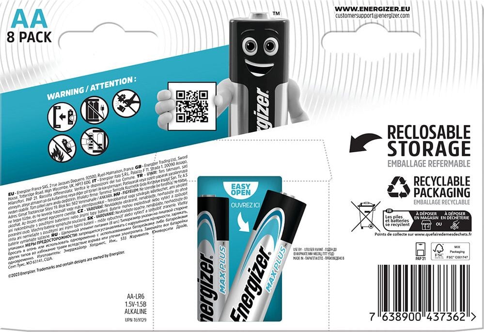 Batterien Energizer Max Plus Mignon (AA), 1,5 V, mit Geräte-Auslaufschutz, bis zu 15 Jahre Leistungserhalt, Pack 8 Stück