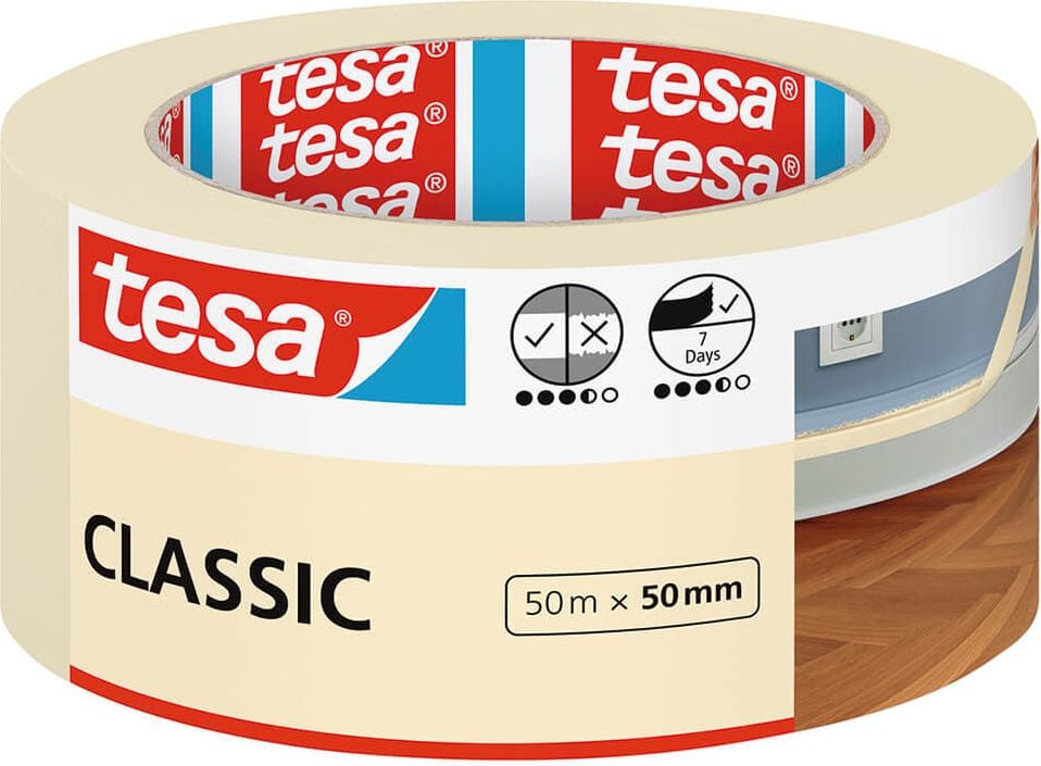 Kreppband Tesa Malerband Classic 52807-00000-03, 50mm x 50m, ablösbar, für Innenanwendung,
beige
