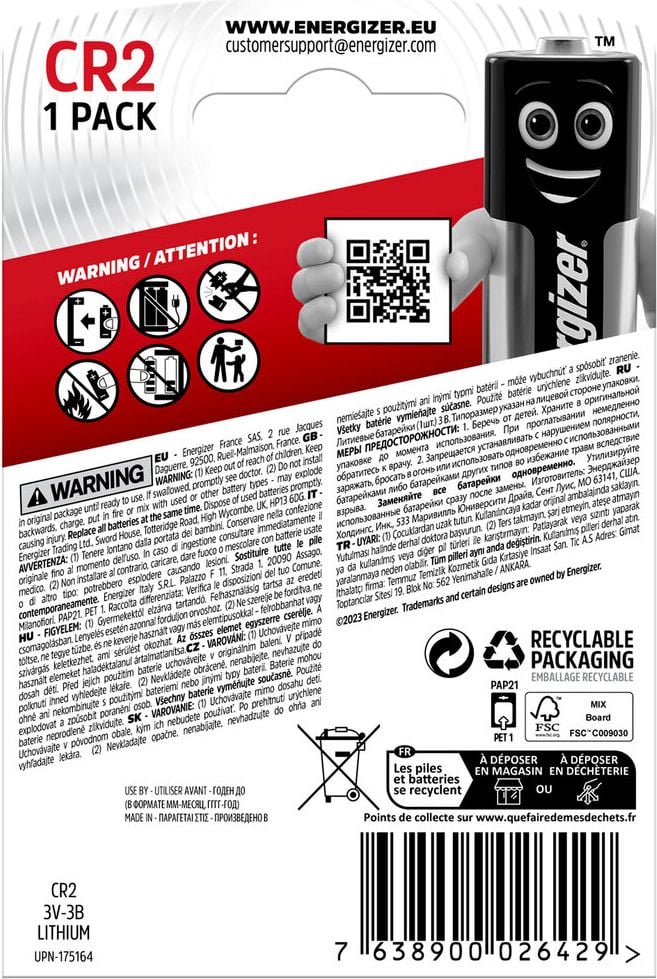 Fotobatterien Energizer Lithium Foto CR2 (CR17355), 3 V, bis zu 10 Jahre Leistungserhalt,
temperaturbeständig von −40 Grad bis +60 Grad