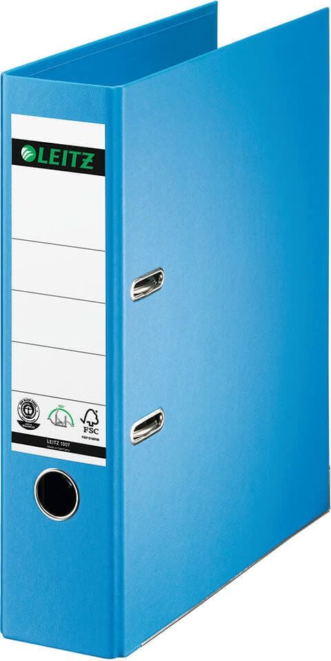 Ordner A4 Leitz Vollpapier 1007, 80mm, Leinenprägung, A4, 8cm Rücken, farbiger Vollpapierüberzug
mit Leinenprägung, hellblau