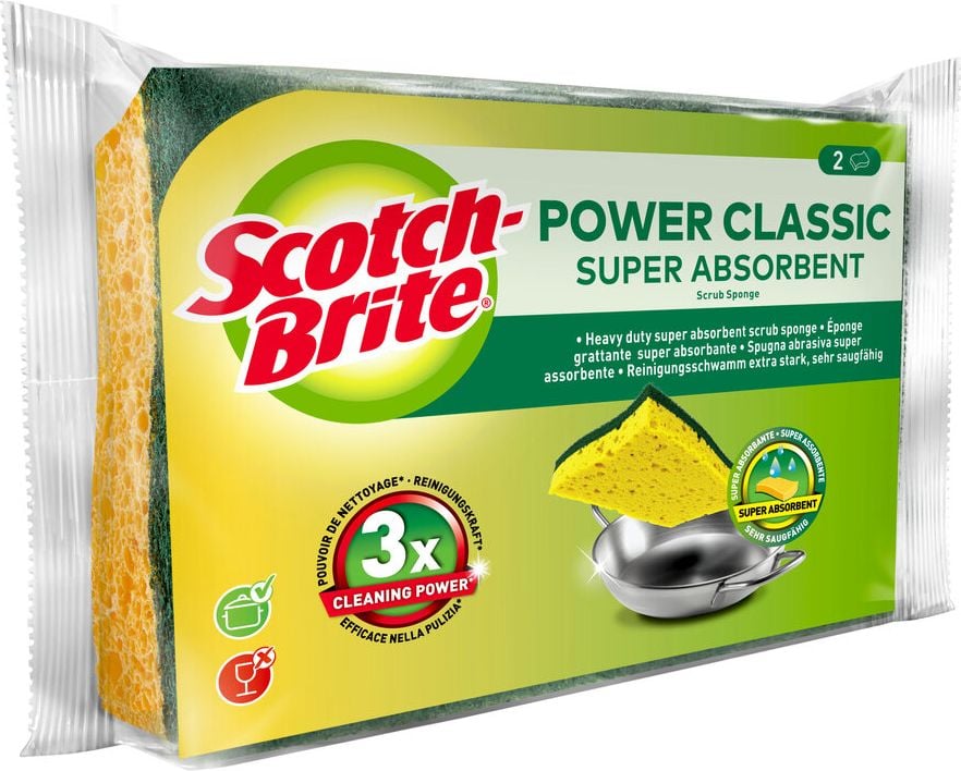 Reinigungsschwamm Scotch-Brite Power Classic, extra stark, entfernt mühelos Fett und
eingebrannte Lebensmittel, Naturfaser, Pack
2 Stück