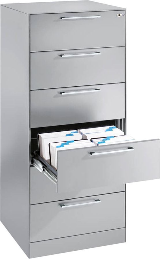 Karteischrank CP C 3000 Asisto 146224-622, 56,2x129,8x60cm (BxHxT), 6 Schübe, 2-bahnig,
für DIN A5 quer, Bügelgriffe, hellgrau