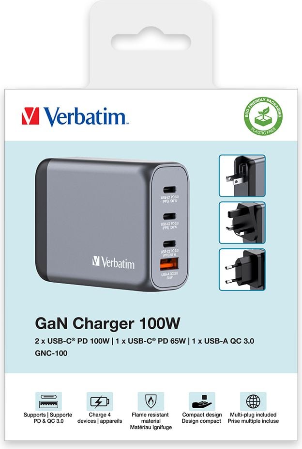 Ladegerät Verbatim GaN Charger 100W GNC-100 32202, 2x USB-C PD 100W, 1x USB-C PD 65W, 1x USB-A QC 3.0 (EU/UK/US), GaN, Überstrom-/Überspannungs-/Kurzschluss- und Übertemperaturschutz, grau