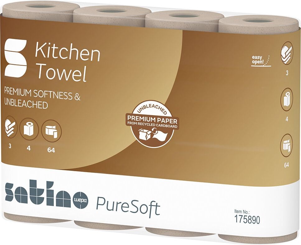 Küchenrollen Satino by WEPA PureSoft 175890, 3-lagig, 100% Recycling, soft beige, geprägt,
ungebleicht, saugstark, Pack 4 Rollen/64
Blatt, EU Ecolabel, FSC, Blauer Engel