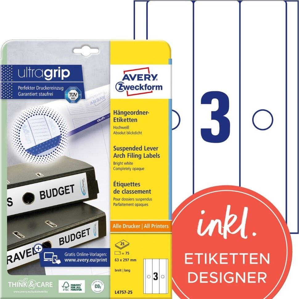 Hängeordner-Rückenschilder Zweckform L4757-25 ultragrip, breit/lang, 297x63mm, auf A4, weiß, Pack 25
Blatt/75 Stück