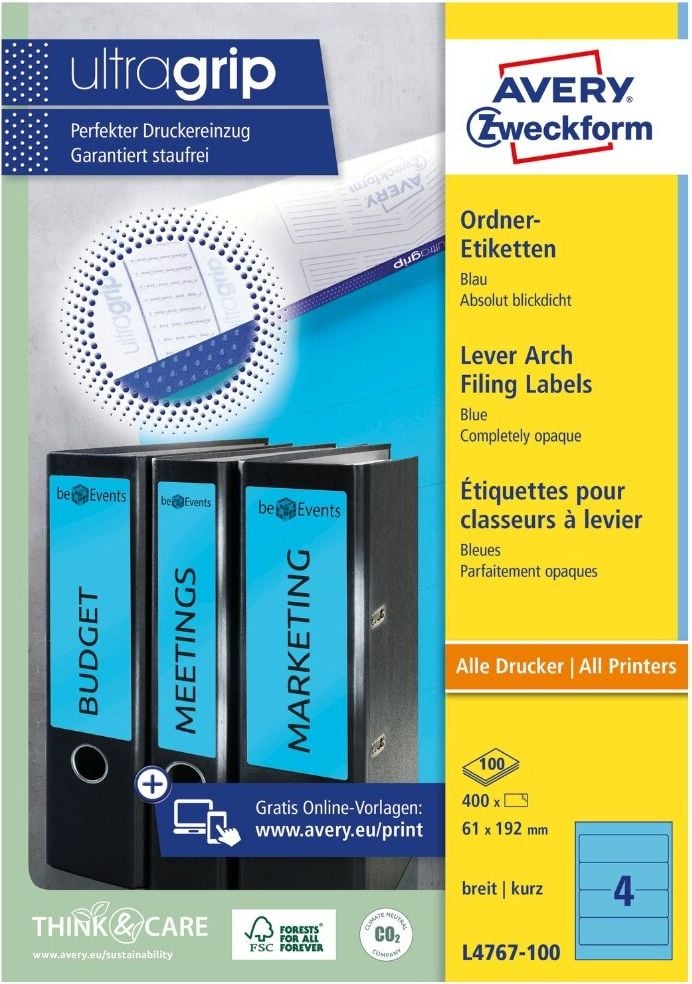 Rückenschilder Zweckform L4767-100 ultragrip, breit/kurz, 192x61mm, auf A4, blau,
Pack 100 Blatt/400 Stück