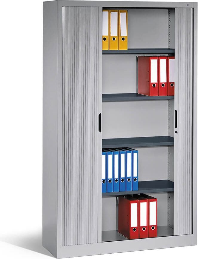 Aktenschrank CP Omnispace 3203-00, 120x198x42cm (BxHxT), 2 Querrollläden,
4 Fachböden, 5 Ordnerhöhen, anthrazit