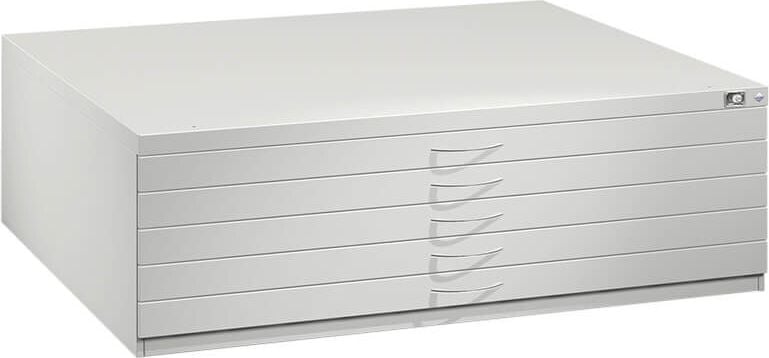 Flachablageschrank CP Serie 7200 7200-000, 135x42x96cm (BxHxT), 5 Schubladen,
für Formate bis DIN A0, Zentralschloss, hellgrau