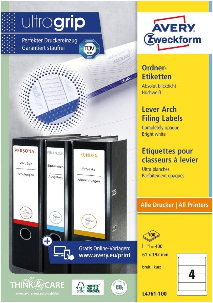 Rückenschilder Zweckform L4761-100 ultragrip, breit/kurz, 192x61mm, auf A4, weiß, Pack 100
Blatt/400 Stück