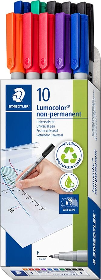 Folienschreiber Staedtler Lumocolor non-permanent pen 316B10, ca. 0,6mm, wasserlöslich, Etui mit 10
Stiften/6 Farben