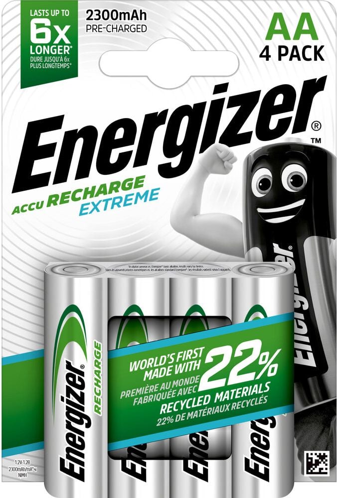 Akkus Energizer NiMH Extreme Mignon (AA), 1,2 V, 2300 mAh, aus 22% recycelten Materialien, Pack 4 Stück