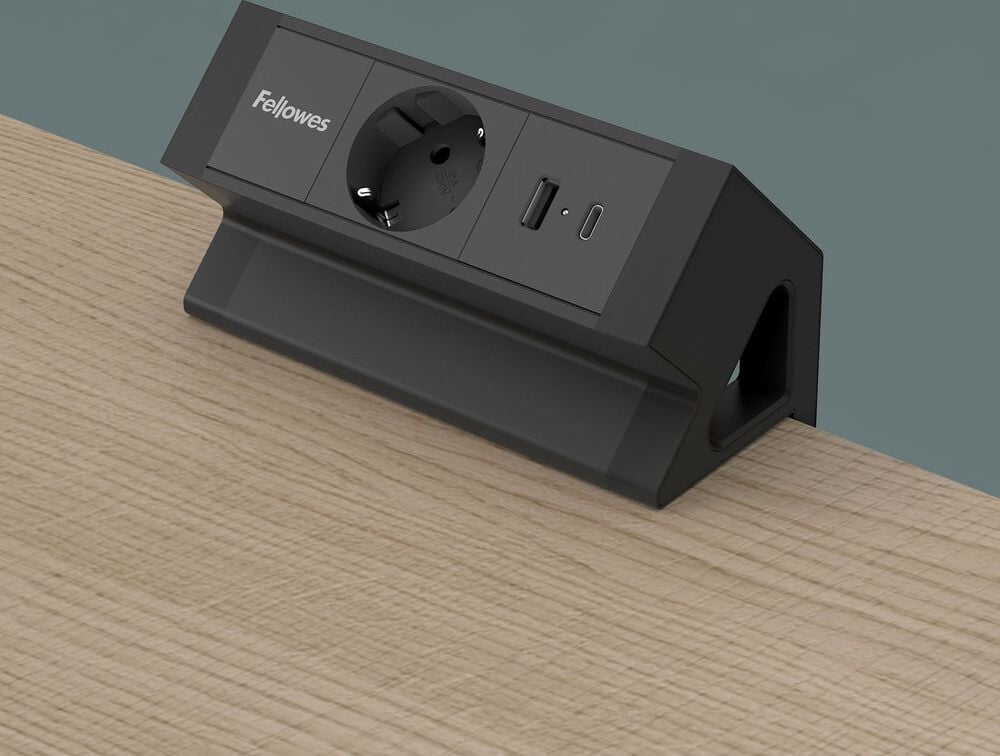 Tischsteckdosenleiste Fellowes Power Desk Type F 1fach+2 USB, Tischklemme, 1x Steckdose (230V), 1x USB-A, 1x USB-C, Kabellänge 2m, schwarz