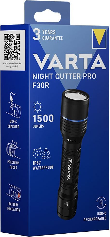 Taschenlampe Varta Night Cutter Pro F30R 18921101111, LED, 1500 Lumen, 280m Leuchtweite, 5 Leuchtstufen, USB-C Anschluss, inkl. Li-Ion Akku, schwarz