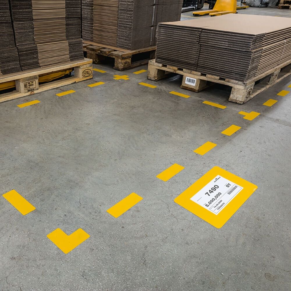 Bodenmarkierungsfenster Durable 180704, 314x252mm (für A5), wiederablösbar, PVC, für
glatte Böden, Rahmenfarbe gelb, Pack 10 Stück