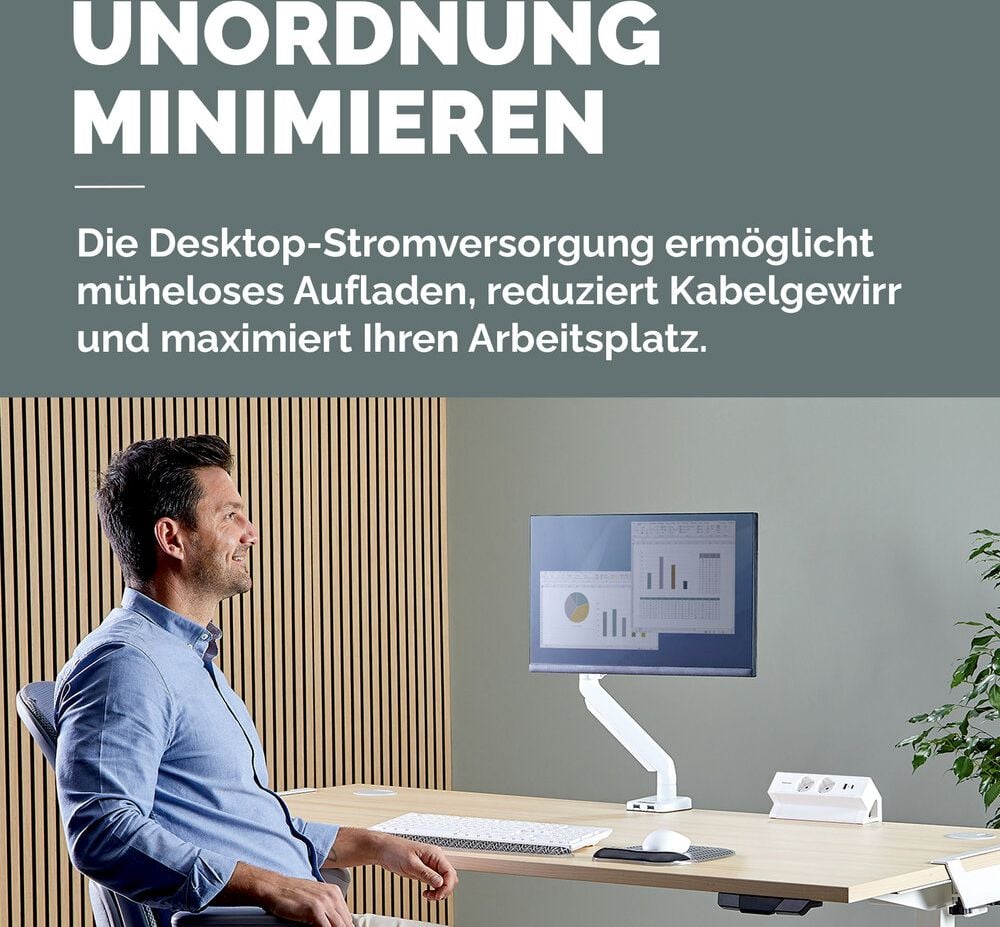 Tischsteckdosenleiste Fellowes Power Desk 2 Type F 2-fach, Tischklemme, 2x Steckdosen (230V), 1x USB-A, 1x USB-C, Kabellänge 2m, weiß