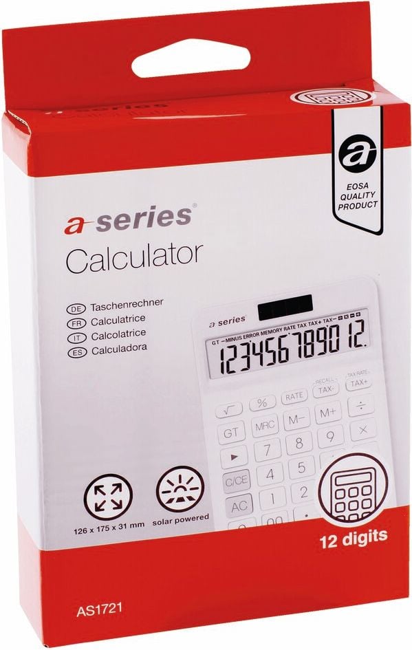 Taschenrechner a-series AS1721, 12-stelliges LC-Display, Solar- und
Batteriebetrieb, weiß