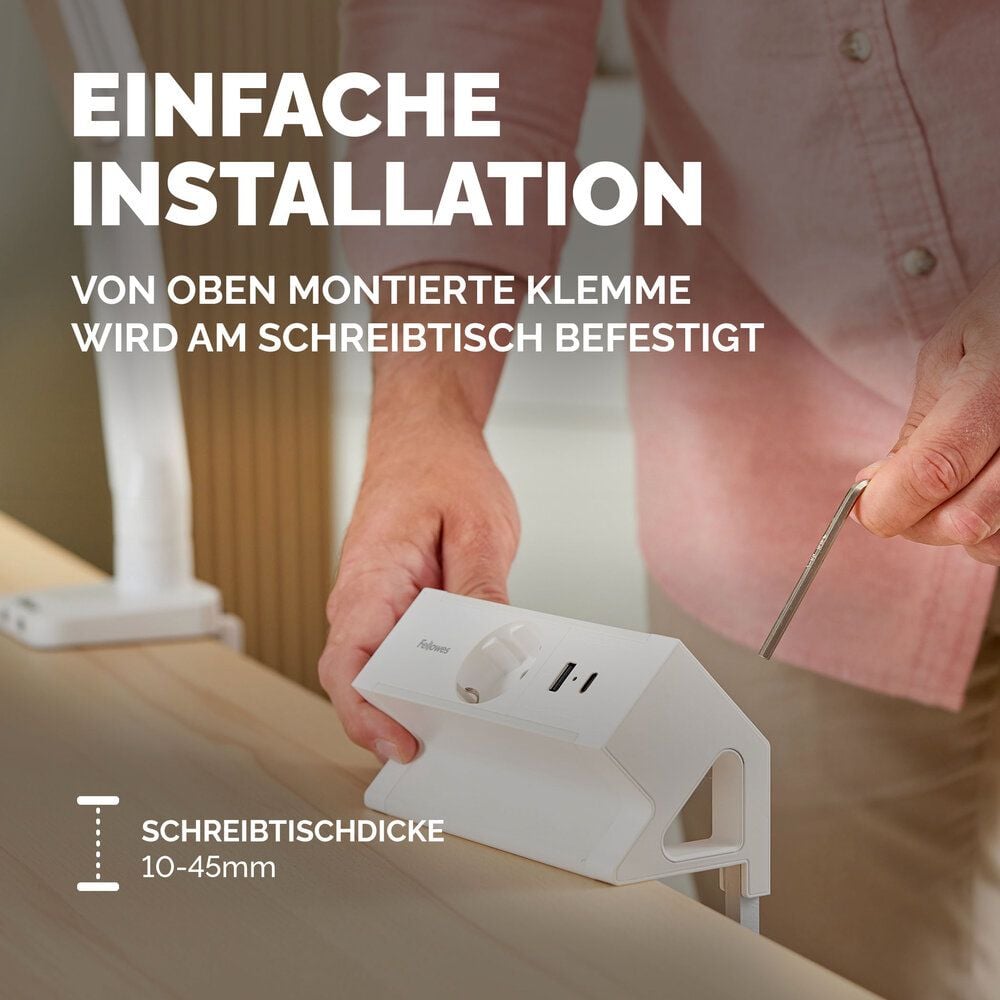 Tischsteckdosenleiste Fellowes Power Desk Type F 1fach+2 USB, Tischklemme, 1x Steckdose (230V), 1x USB-A, 1x USB-C, Kabellänge 2m, weiß
