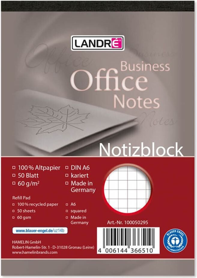 Notizblock Landré A6 100050295, kariert, Recyclingpapier 60 g/m², Deckblatt,
Papierfälzel, Block 50 Blatt, kariert