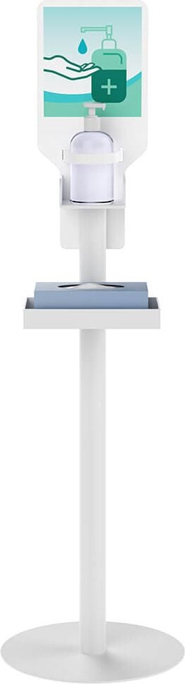 Desinfektionsmittel-Station Paperflow PUGHG.13, für Desinfektionsmittel & Zubehör, mit
Ständer, Ablage und Infotafel (Stahl/
Polystyrol), weiß