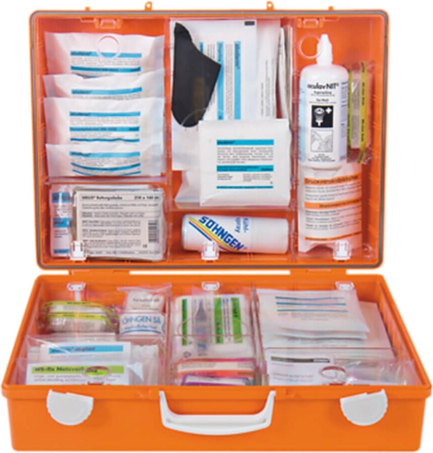 Erste Hilfe Verbandkoffer Söhngen MT-CD Labor&Chemie 0360106, Füllung nach DIN 13157 + berufsrisikobezogene
Inhaltserweiterung, orange