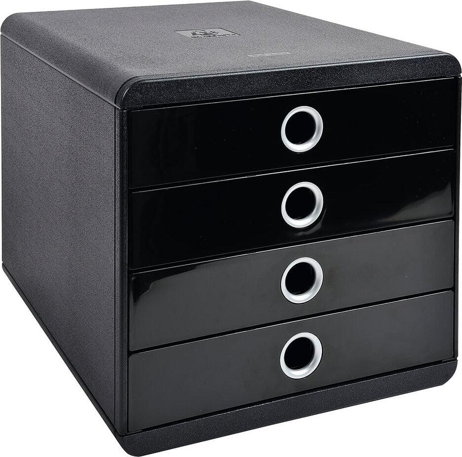 Schubladenbox Exacompta Pop-Box Classic 314438D, für A4+, 4 geschlossene Schubladen, Griffloch
silber umrandet, Gehäuse schwarz, schwarz