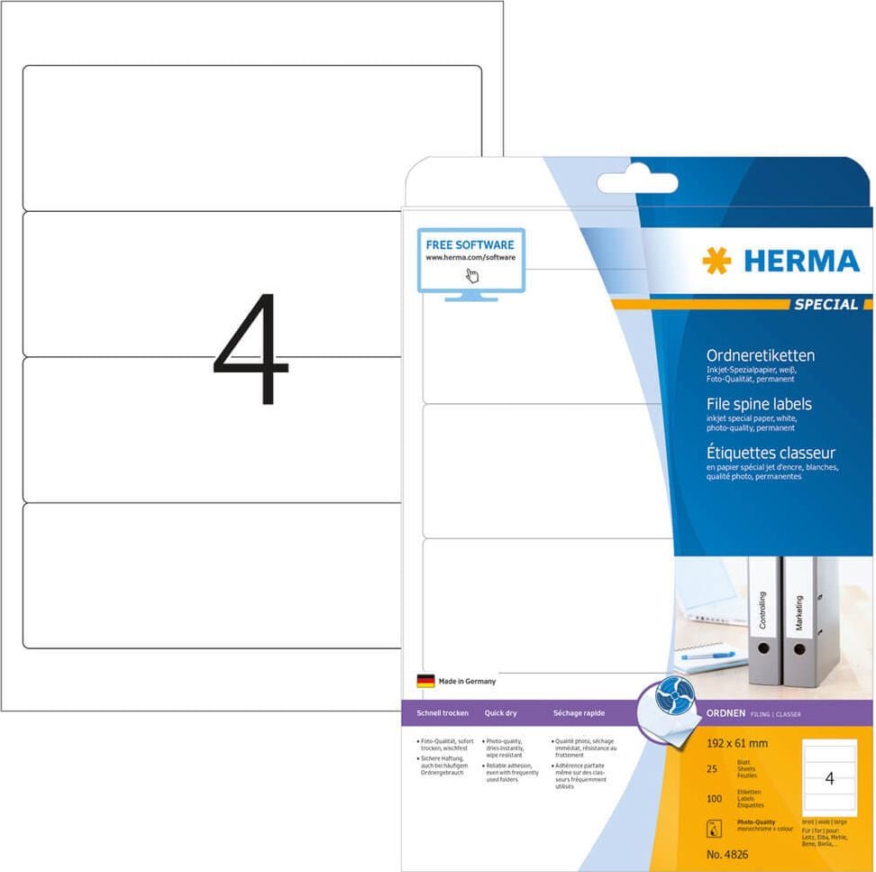 Rückenschilder Herma 4826, breit/kurz, 192x61mm, Inkjet, auf A4, weiß,
Pack 25 Blatt/100 Stück