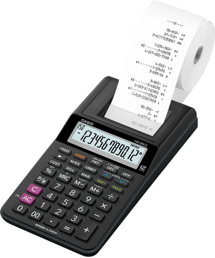 Tischrechner Casio HR-8RCE, druckend, 12-stelliges Display, Batterie- und Netzbetrieb, schwarz