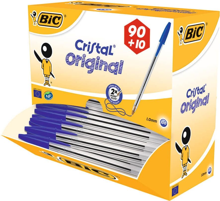 Kugelschreiber BIC Cristal Original Value Pack 90+10, Medium 0,4mm, Einweg, Kappe mit Clip in
Minenfarbe, transparenter Schaft, Pack 100 St, blau