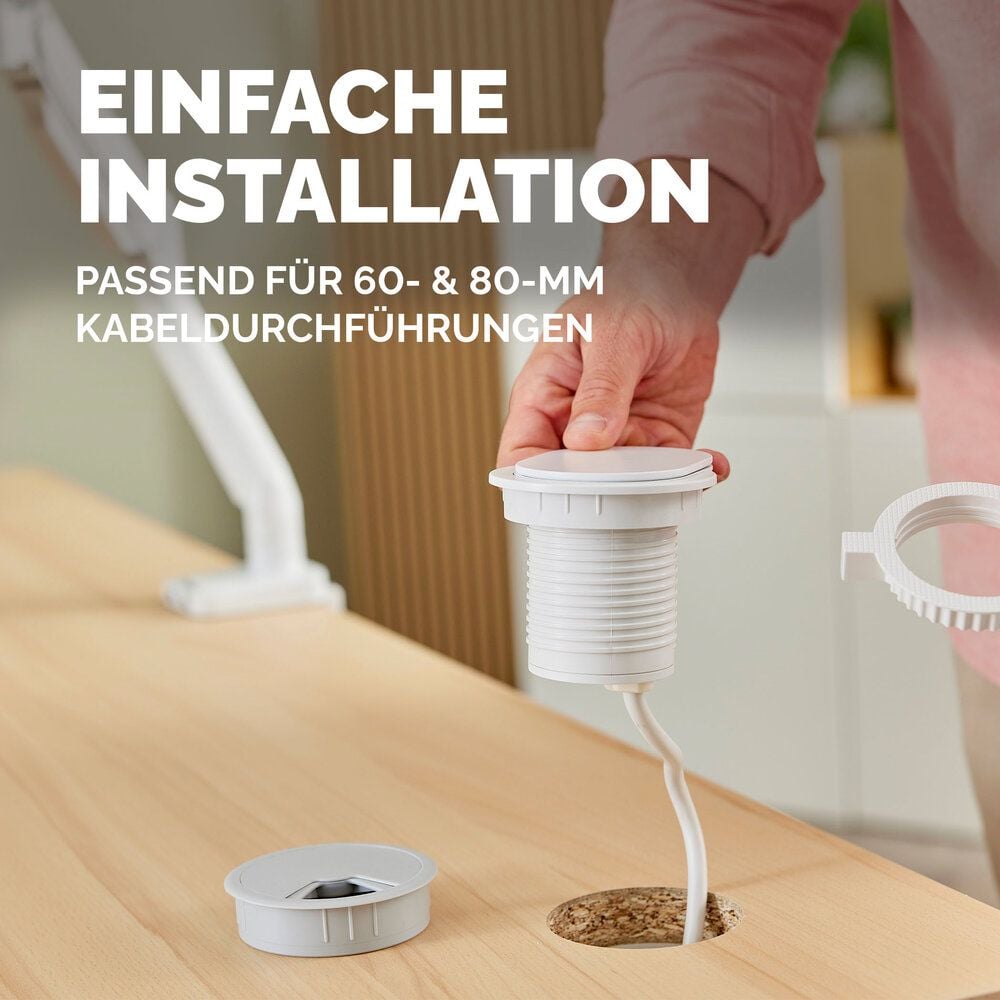 Einbausteckdose Fellowes Power Spot Type F, 1x Steckdose, 1x USB-A, 1x USB-C, Kabellänge
2m, Schiebeabdeckung, weiß
