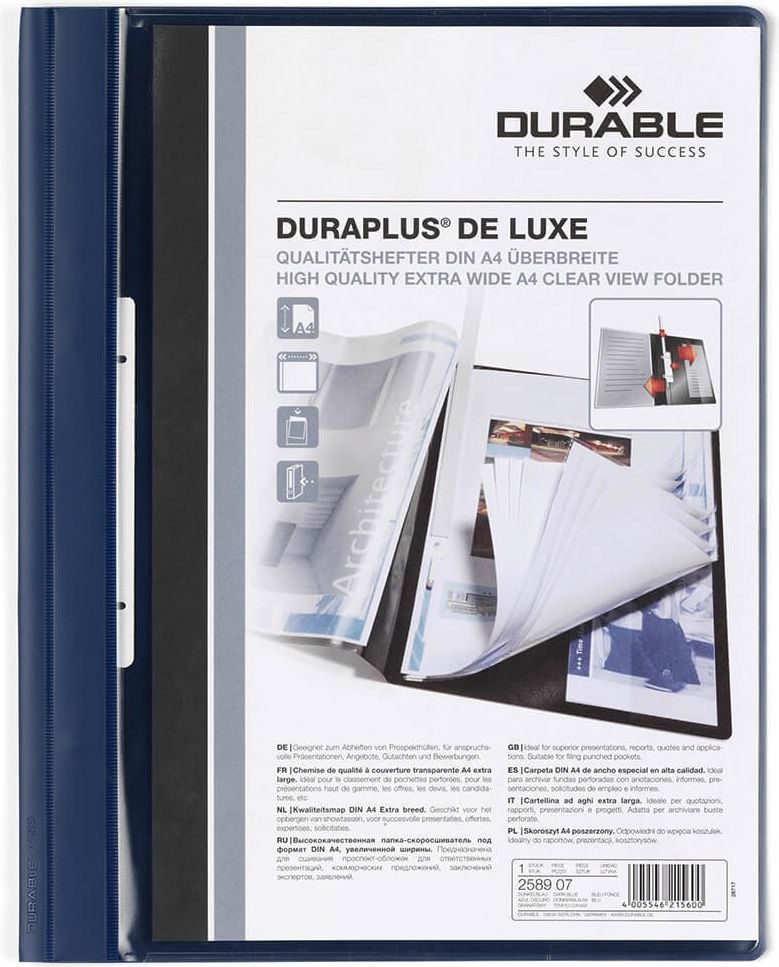 Schnellhefter Durable DURAPLUS DE LUXE A4 Überbreite 2589, Hartfolie, transparenter Vorderdeckel, 2
Innentaschen, herausziehbarer Abheftschieber, dunkelblau