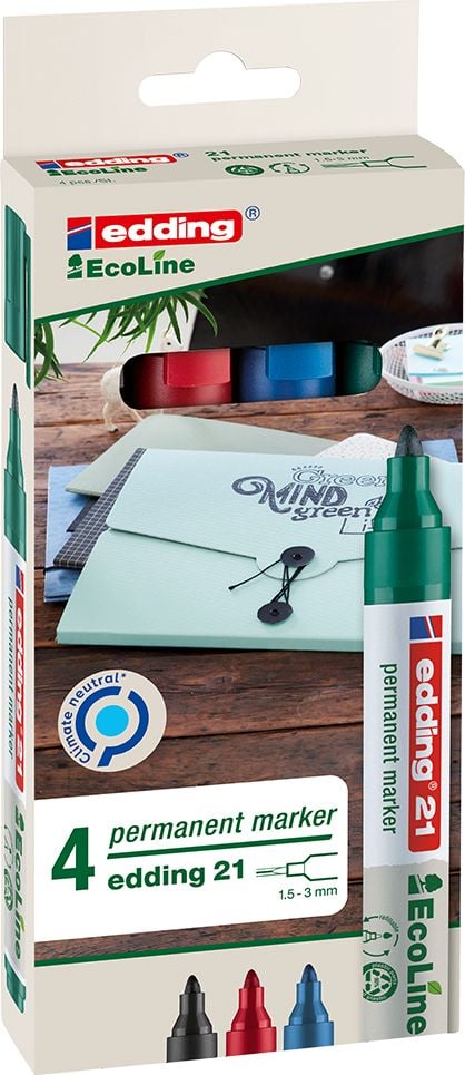 Permanentmarker Edding 21/4S EcoLine, ca. 1,5-3mm, Rundspitze, Etui mit 4 Farben, Gehäuse 90% recycelter Kunststoff
