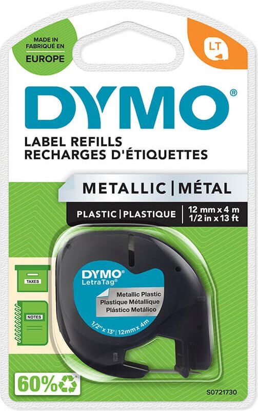 Schriftbänder Dymo LT S0721730, Metall, schwarz auf silber, 12mm/4m