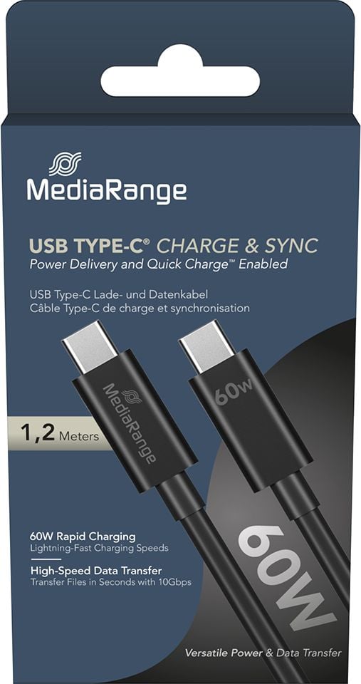 Lade- und Datenkabel MediaRange MRCS213, Stecker 2x USB C 3.2 Gen 1x1, bis zu 60 Watt, 1,2m Kabellänge, schwarz