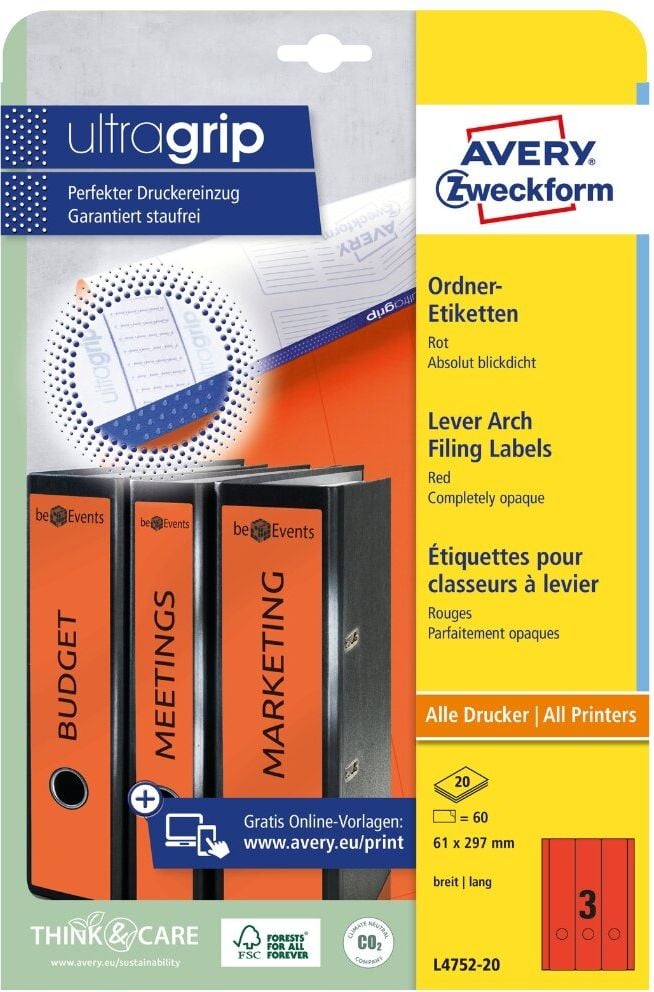 Rückenschilder Zweckform L4752-20 ultragrip, breit/lang, 297x61mm, auf A4, rot, Pack 20
Blatt/60 Stück