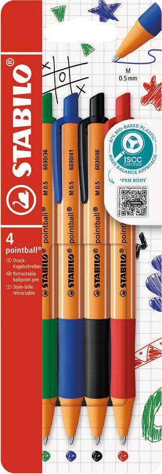 Kugelschreiber STABILO pointball 6030/4, ca. 0,5mm, Mehrweg, Kartonetui mit 4 Farben, aus 87 % biobasiertem Kunststoff