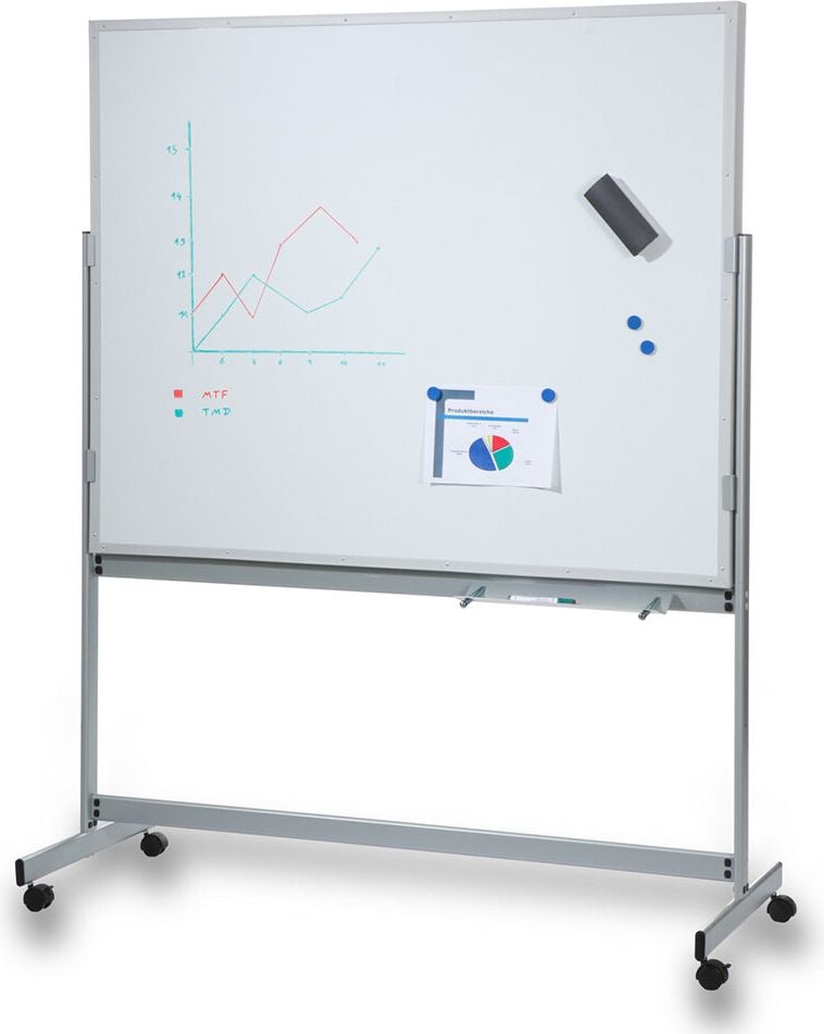 Werkstattplaner mobil Eichner 9019-00125, für 45 x A4, 1945x1550x640mm, für DIN A4, mit Whiteboard,
magnethaftend, 4 Doppellenkrollen,
Ablageschale, grau