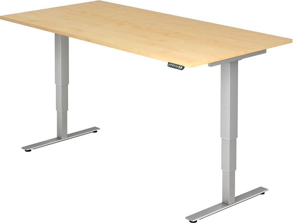 Hubschreibtisch Hammerbacher XDSM2E/x/S, 200x100cm (BxT), 63,5-128,5cm Höhe, rechteckig, T-Fuß silber, ahorn