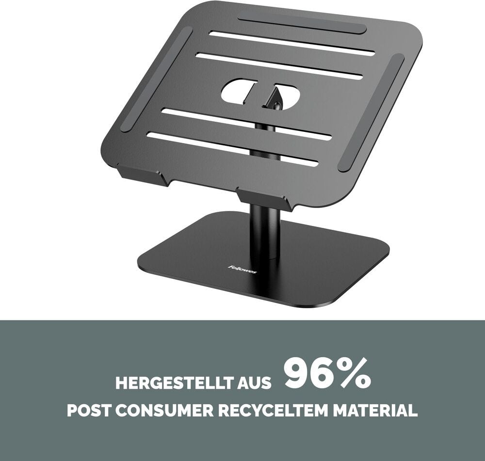 Notebookständer Fellowes Alumia, bis 15 Zoll Notebooks, 15-30cm höhenverstellbar,
neigungsverstellbare Plattform, 96% recyceltes Material, Aluminium, schwarz