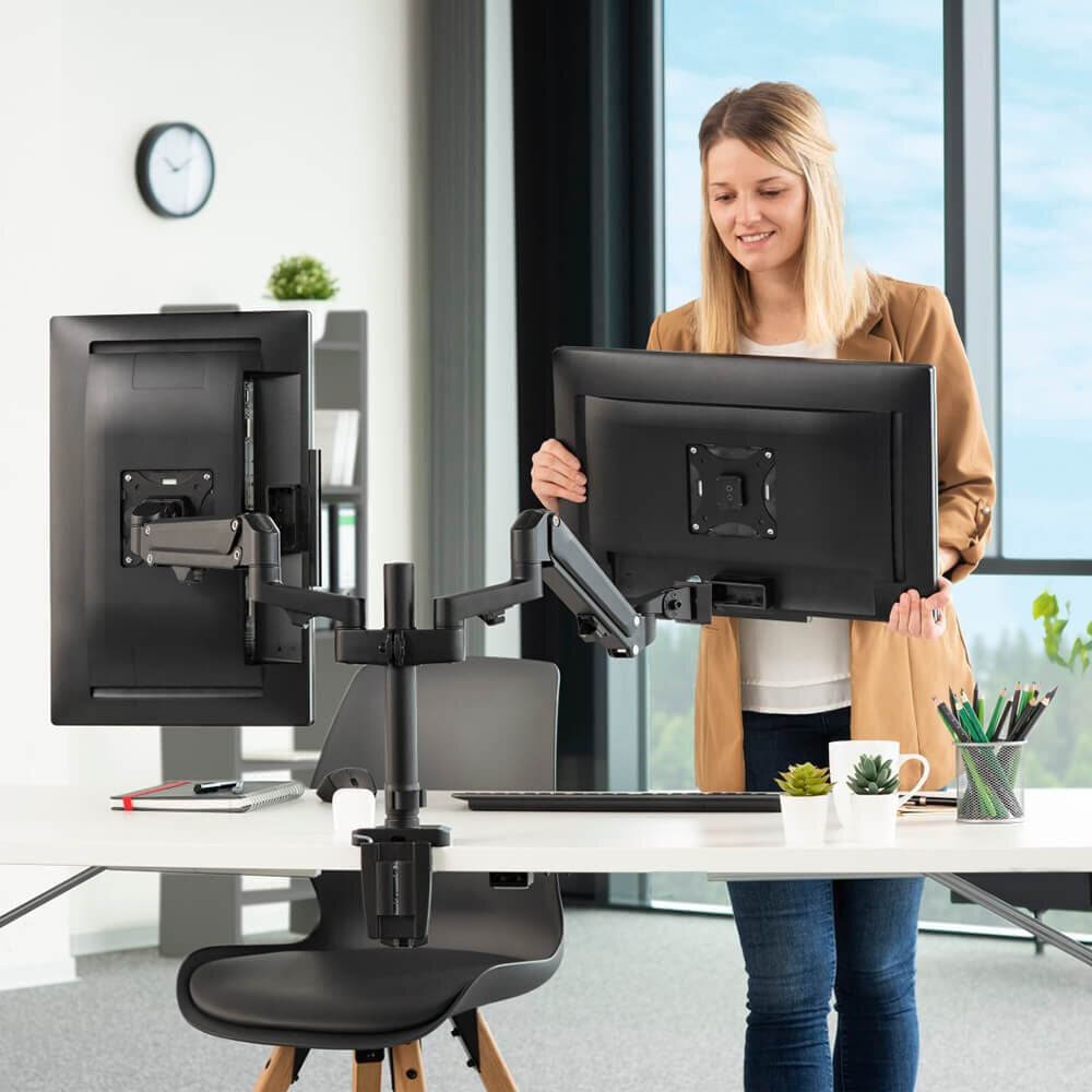 Monitorhalter Hama FULLMOTION Doppelarm 118498, 2 Arme, Tragfähigkeit bis zu 12 kg pro
Schwenkarm, höhen- und tiefenverstellbar,
Klemmhalterung, schwarz