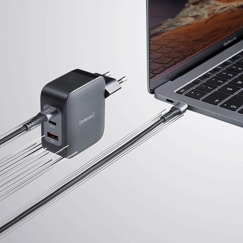 Ladegerät Intenso Power Adapter Set GaN 100 W W100ACC+C520C, 2x USB-C Ausgänge, 1x USB-A Ausgang, 100
Watt, schwarz