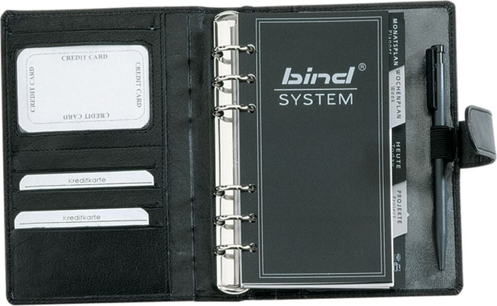 Terminplaner bind Systemplaner Manager A6 T1-1, Nappaleder, Druckknopfverschluss, schwarz