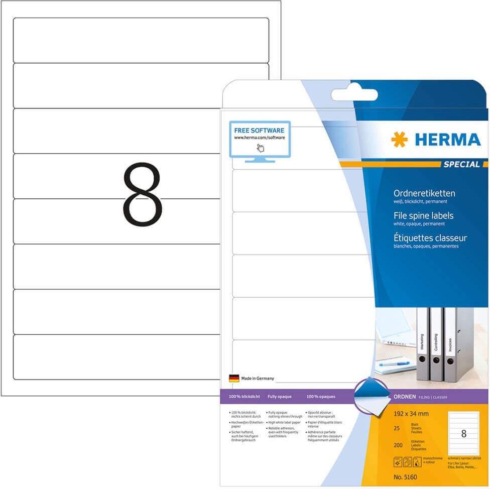 Rückenschilder Herma 5160, schmal/kurz, 192x34mm, auf A4, weiß, Pack 25
Blatt/200 Stück