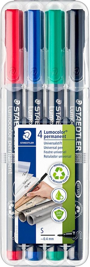 Folienschreiber Staedtler Lumocolor permanent pen 313WP4, ca. 0,4mm, wasserfest, Etui mit 4 Farben