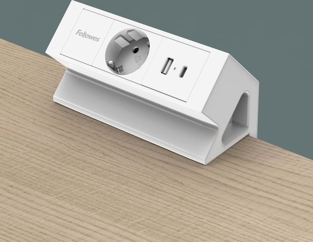 Tischsteckdosenleiste Fellowes Power Desk Type F 1fach+2 USB, Tischklemme, 1x Steckdose (230V), 1x USB-A, 1x USB-C, Kabellänge 2m, weiß