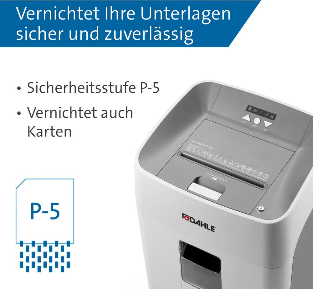 Aktenvernichter Dahle ShredMatic 300 P5 35322, 2 x15mm Partikelschnitt, ca. 300 Blatt, 40 Liter Behälter
