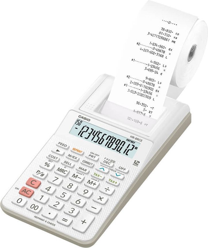 Tischrechner Casio HR-8RCE, druckend, 12-stelliges Display, Batterie- und Netzbetrieb, weiß