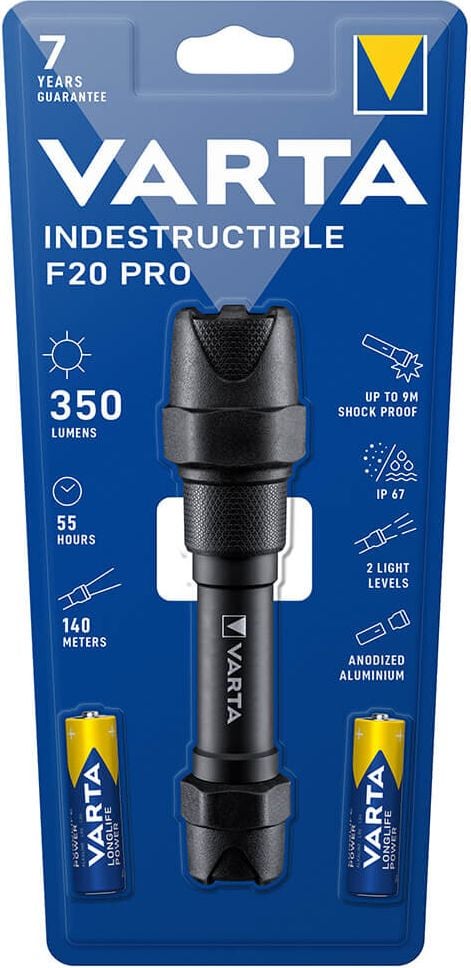 Taschenlampe Varta Indestructible F20 PRO 18711, LED (6W), bis zu 350 Lumen, 140m Leuchtweite, inkl. 2 Mignon-Batterien (AA)