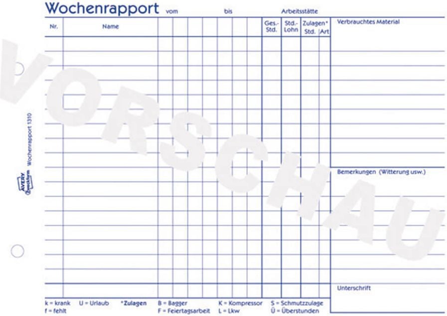 Wochenrapport Zweckform 1310, DIN A5 quer, Block 100 Blatt