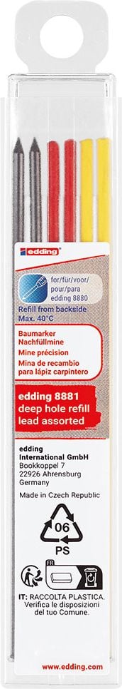 Tiefloch Baumarker Nachfüllminen Edding 8881, ca. 1-3mm, Rundspitze, sortiert in den Farben rot, gelb, graphit, Pack 6 Stück